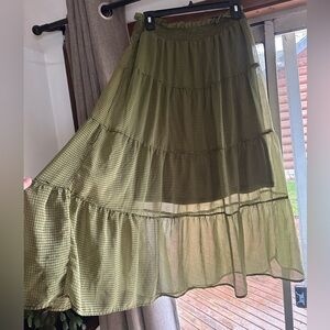 Olive Green Tiered Midi Skirt